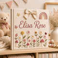 Personalized floral rainbow hand embroidered baby photo album with butterflies mushrooms and fabric bow