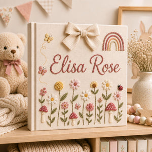 Personalized floral rainbow hand embroidered baby photo album with butterflies mushrooms and fabric bow