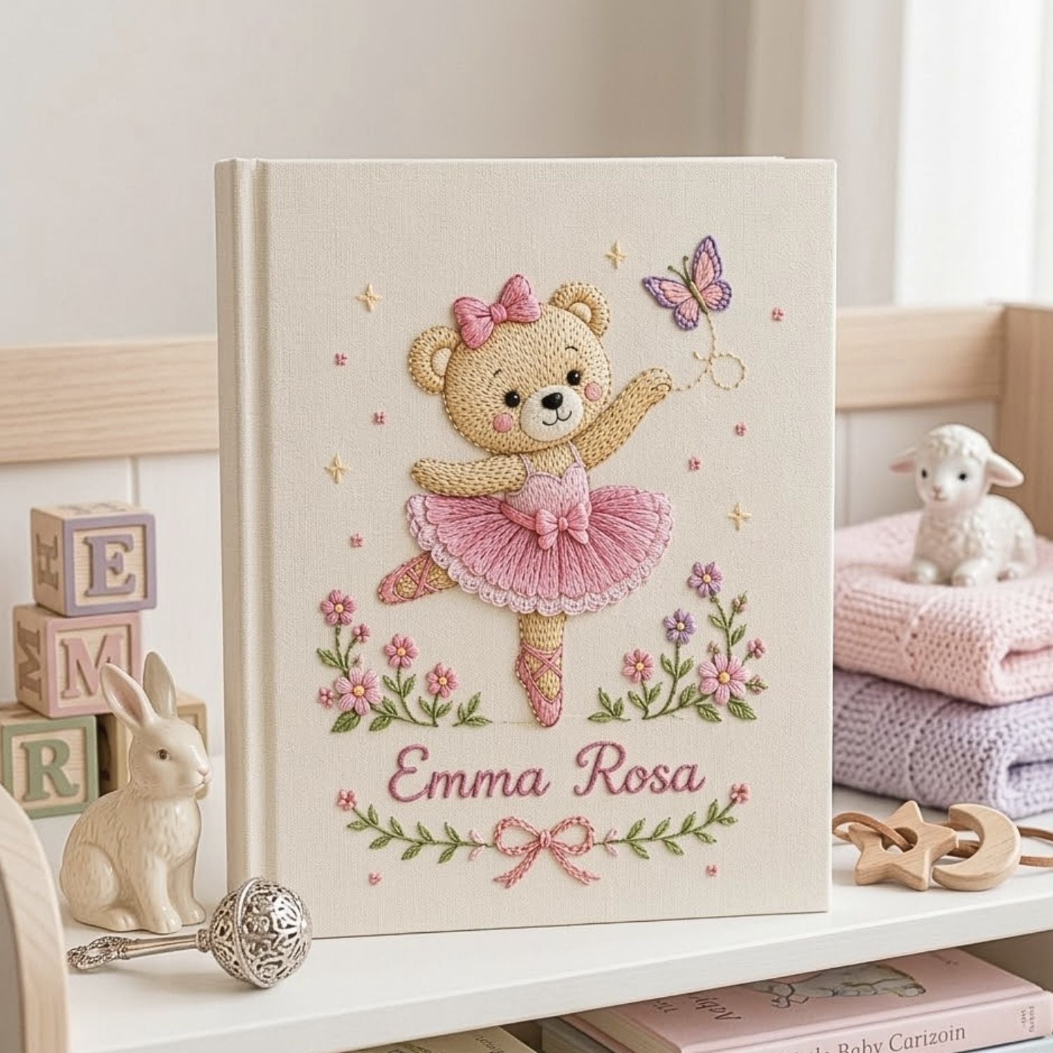 Personalized hand embroidered photo album featuring a ballerina teddy bear in a pink tutu dancing with a butterfly and floral accents