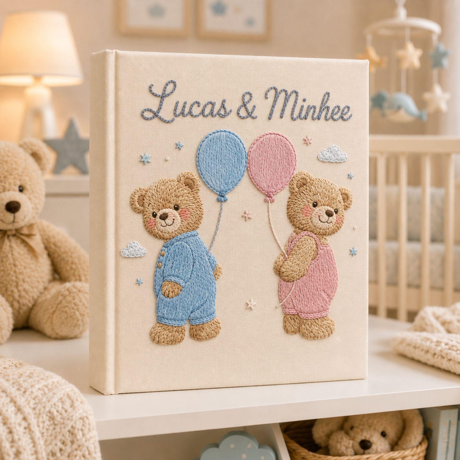 Personalized embroidered baby photo album featuring two teddy bears with pastel balloons and custom names