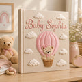 Personalized teddy bear hot air balloon hand embroidered photo album with pastel pink nursery design