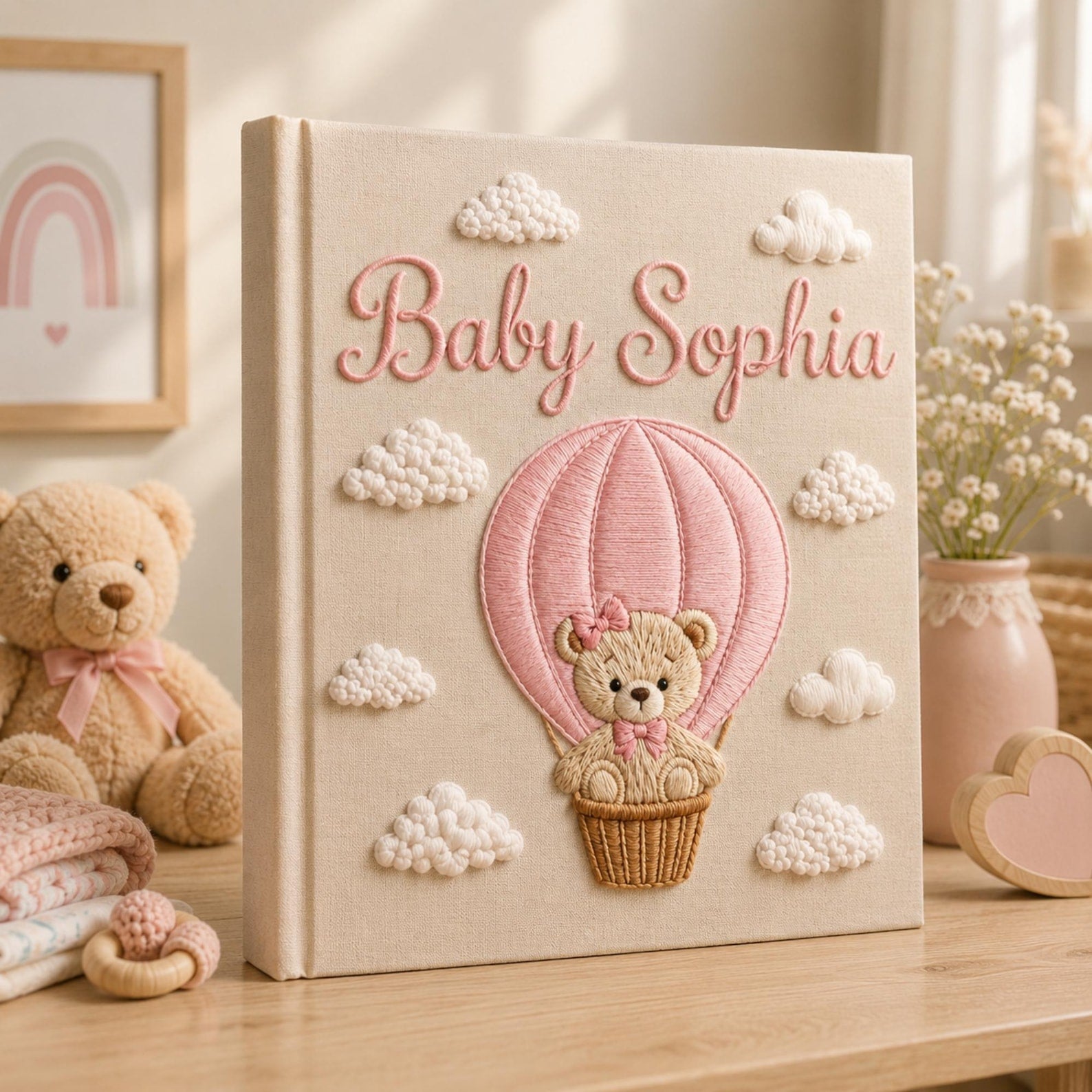 Personalized teddy bear hot air balloon hand embroidered photo album with pastel pink nursery design