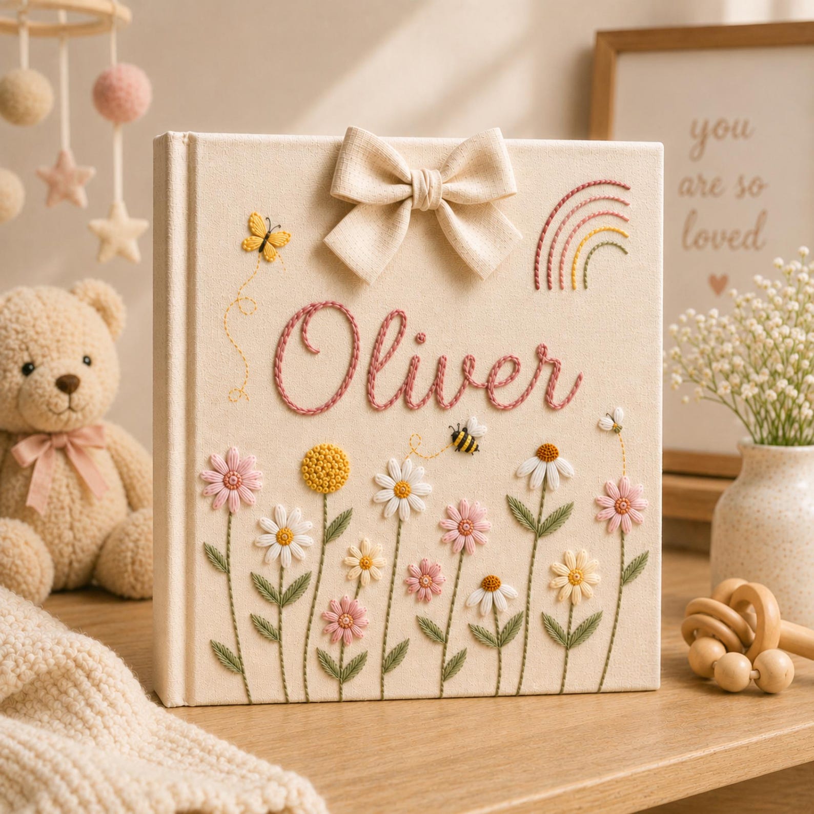 Personalized floral rainbow hand embroidered baby photo album with bees flowers butterflies and bow