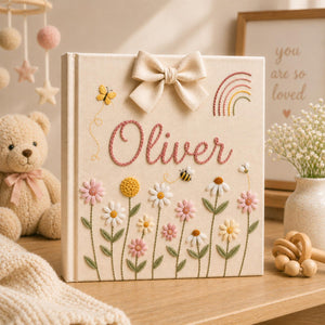 Personalized floral rainbow hand embroidered baby photo album with bees flowers butterflies and bow