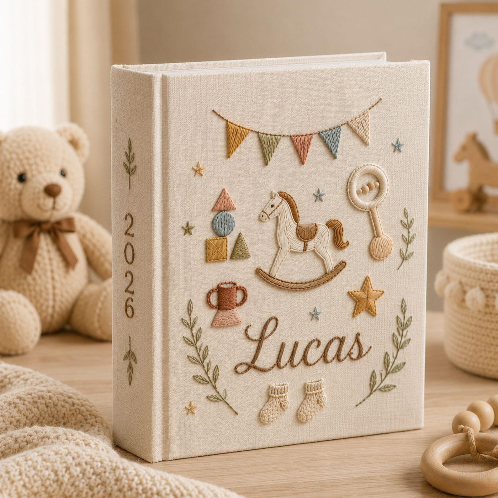 Personalized hand embroidered baby photo album with rocking horse, baby rattle, bunting flags, and vintage nursery toys