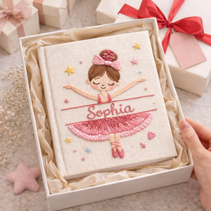 Personalized hand embroidered photo album featuring a cute ballerina wearing a pink tutu and ballet slippers with custom name embroidery on a premium linen cover