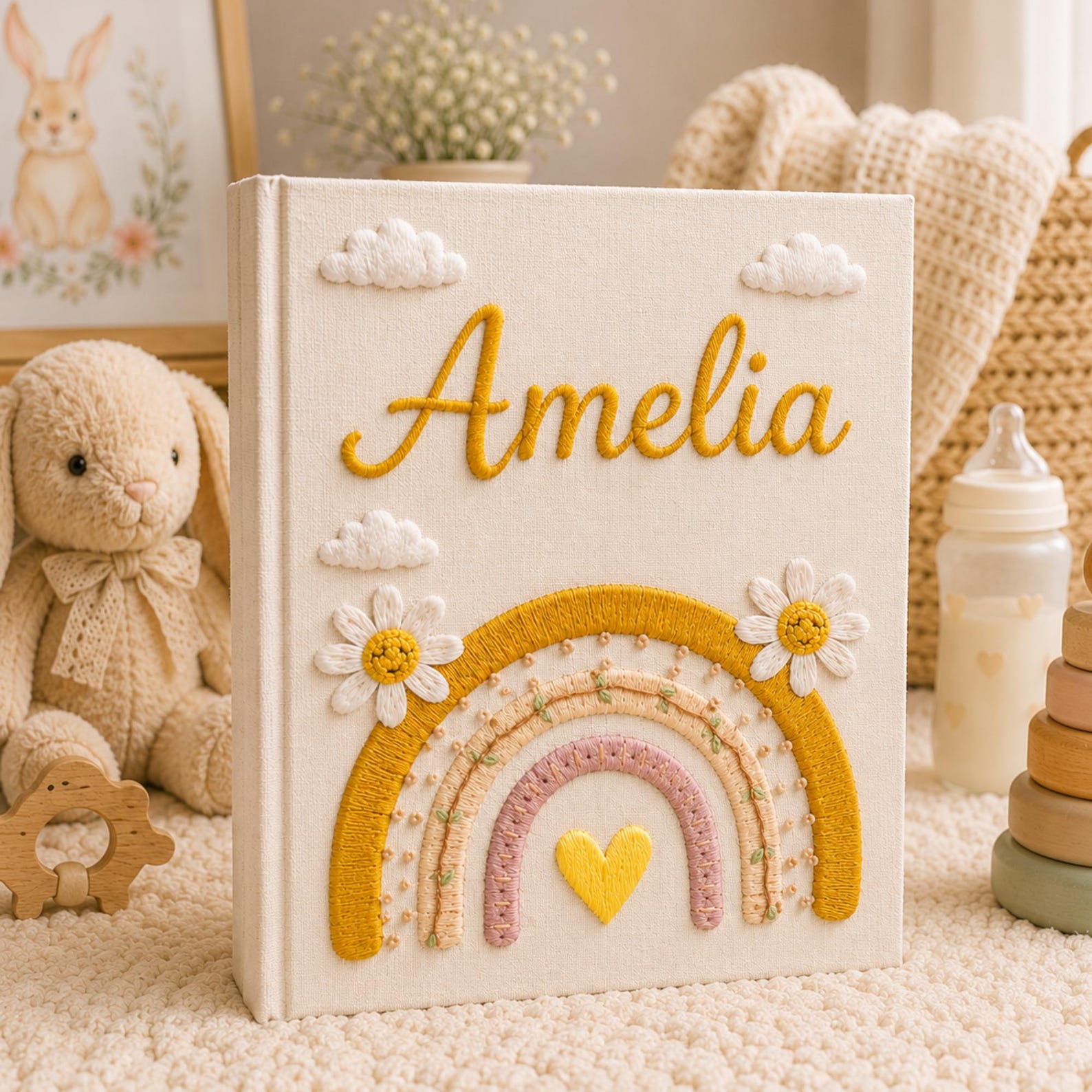 Personalized rainbow hand embroidered photo album with daisy flowers and pastel nursery keepsake design