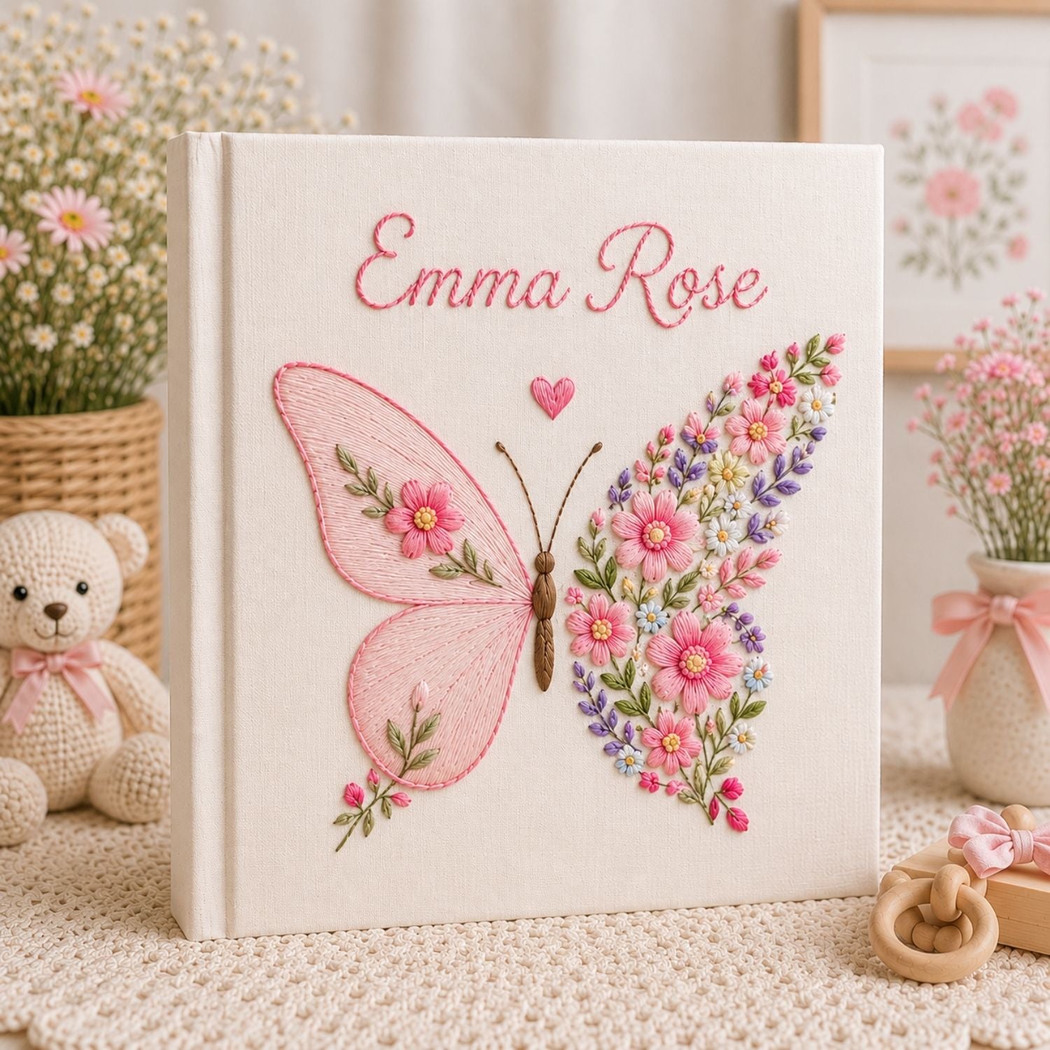 Personalized hand embroidered photo album featuring a floral butterfly with pink wildflowers, lavender accents, and custom name embroidery on a premium linen cover