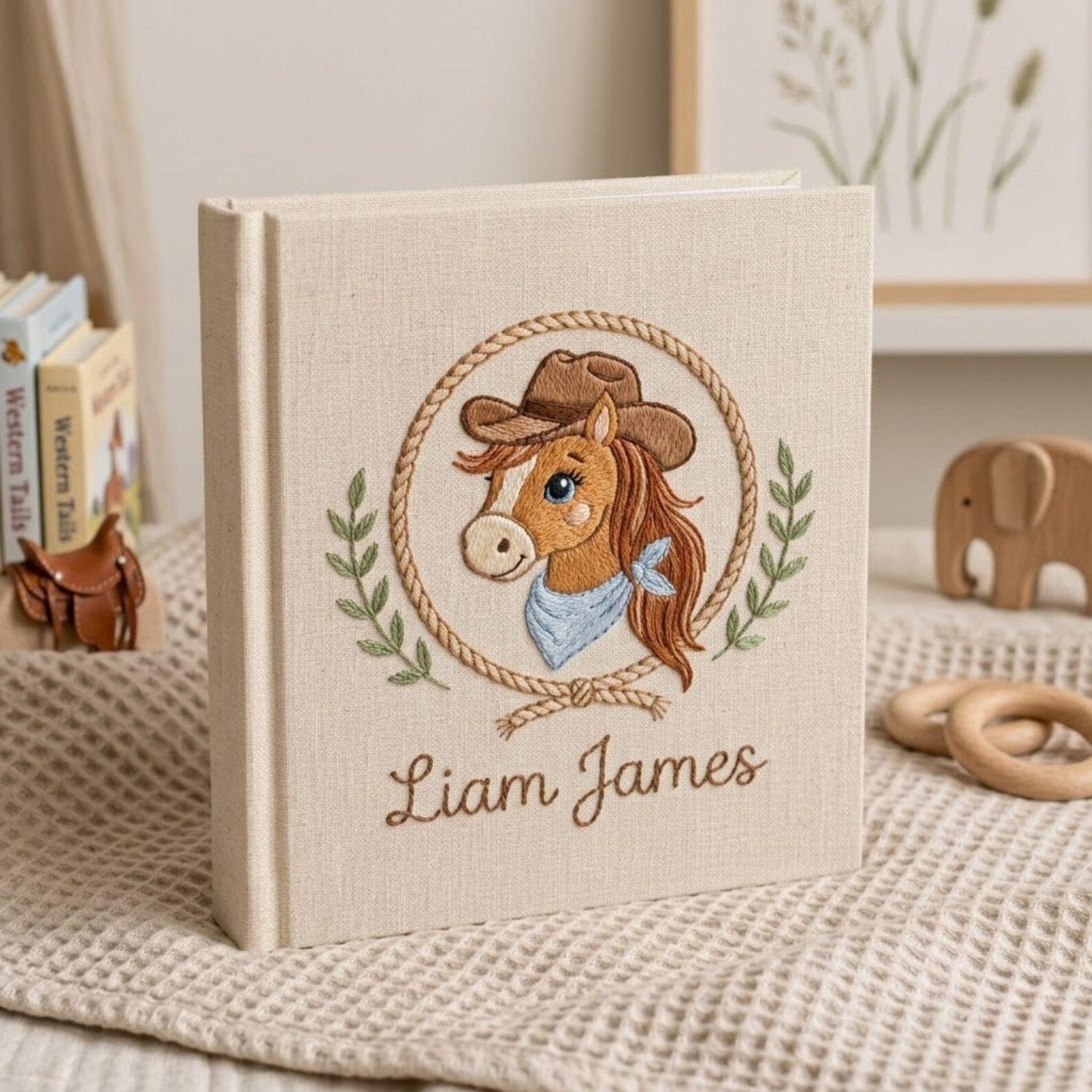 Personalized hand embroidered photo album featuring a cowboy horse with western hat bandana rope wreath and custom name embroidery