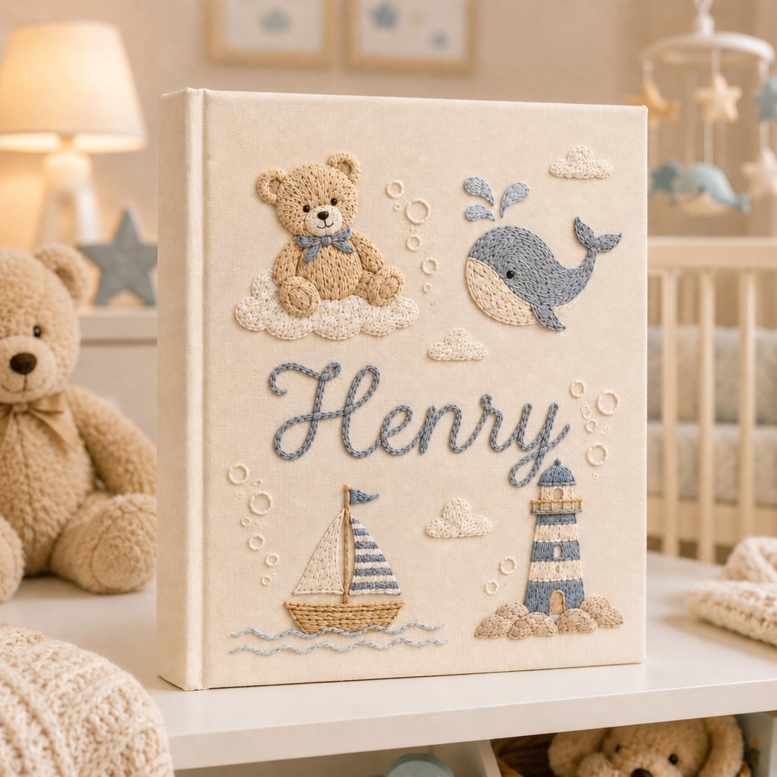 Personalized hand embroidered baby photo album with whale, lighthouse, sailboat, and teddy bear nautical embroidery