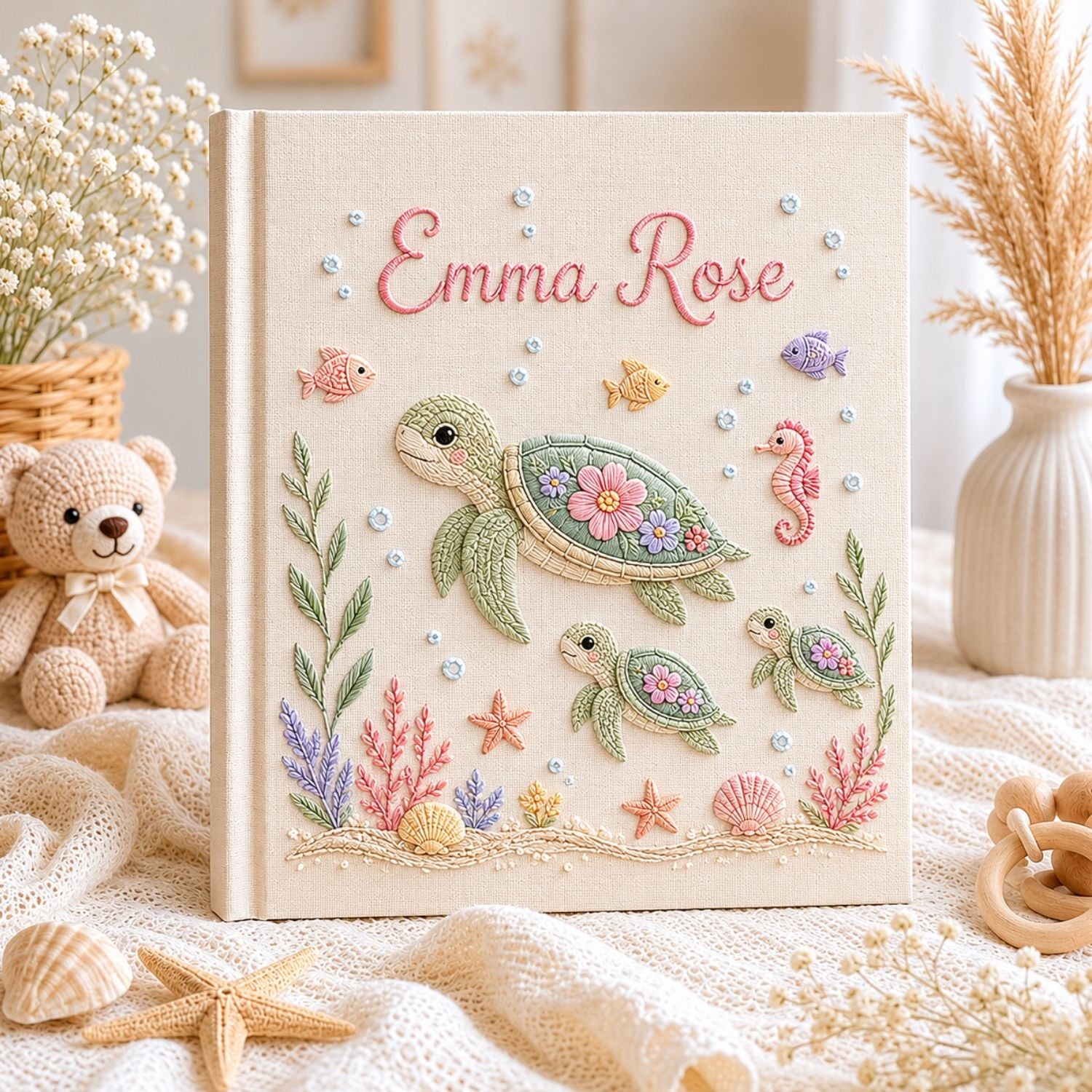 Personalized hand embroidered photo album featuring a sea turtle family with coral reefs, tropical fish, seashells, starfish, and seahorse on a premium linen cover customized with a baby name