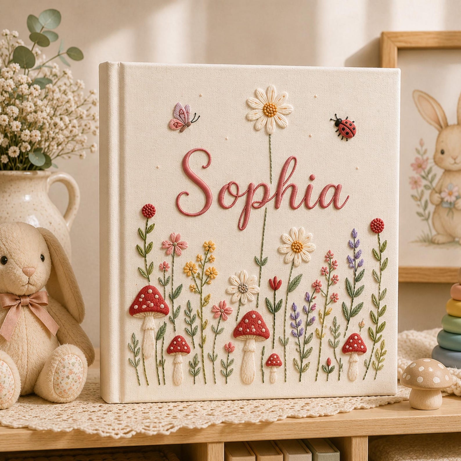 Personalized hand embroidered baby photo album with wildflowers mushrooms butterflies and ladybugs