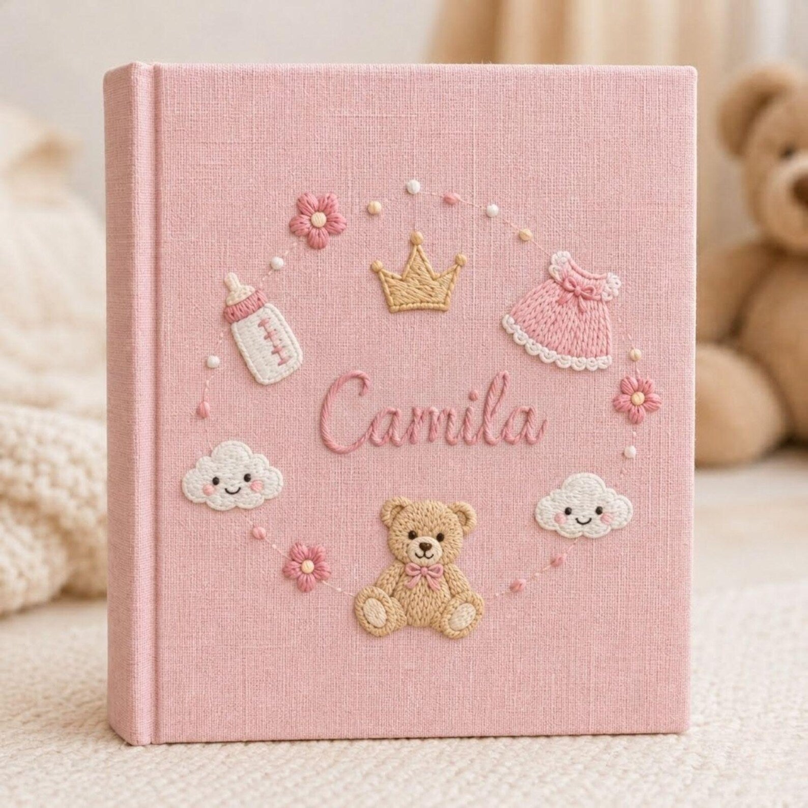 Personalized princess teddy hand embroidered baby photo album with pink nursery and crown design on linen cover