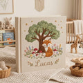 Personalized woodland fox hand embroidered baby photo album with forest tree and mushroom nursery design on linen cover