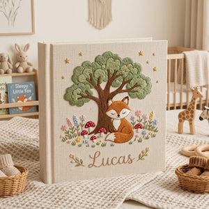 Personalized woodland fox hand embroidered baby photo album with forest tree and mushroom nursery design on linen cover