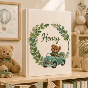 Personalized teddy bear vintage car hand embroidered baby photo album with botanical wreath
