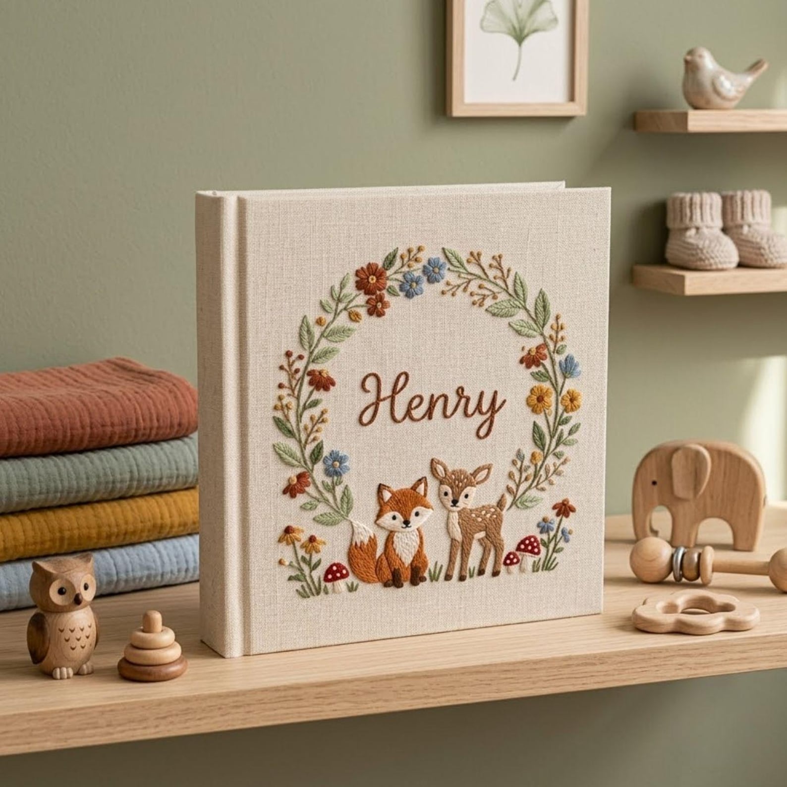 Personalized woodland fox and deer embroidered baby photo album with floral wreath and custom name on linen cover