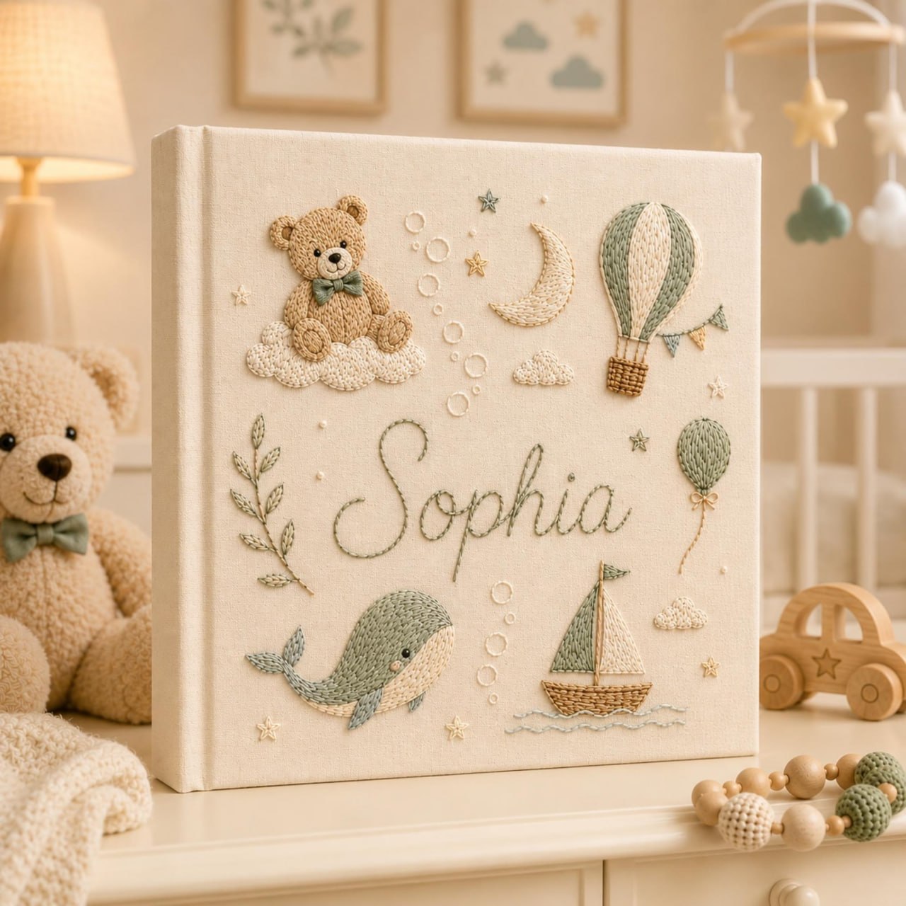 Personalized hand embroidered nautical baby photo album with sailor teddy bear, whale, sailboat, and lighthouse design