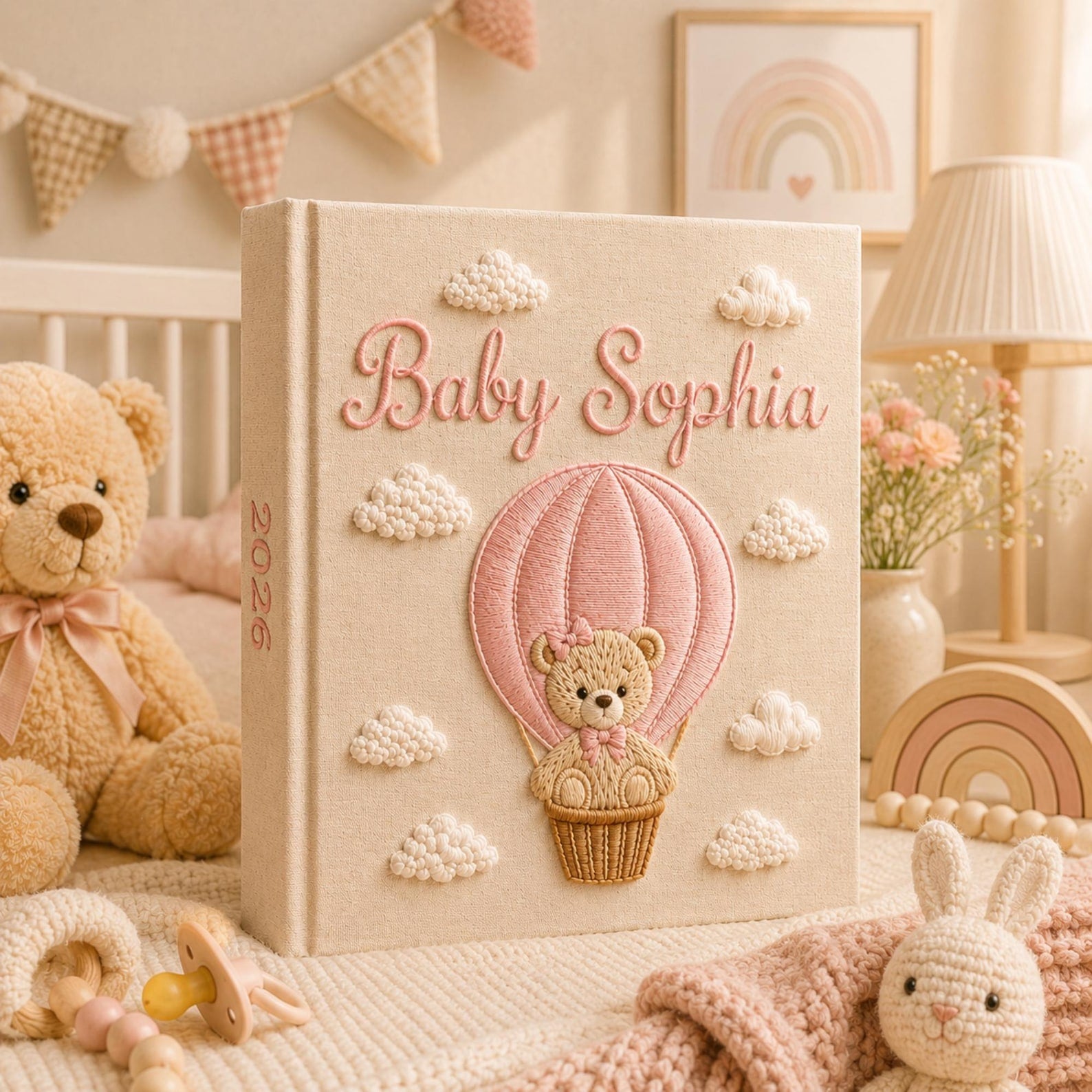 Personalized teddy bear hot air balloon hand embroidered photo album with pastel pink nursery design