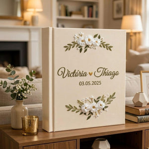 Personalized hand embroidered wedding photo album with white floral embroidery custom names and wedding date on linen cover