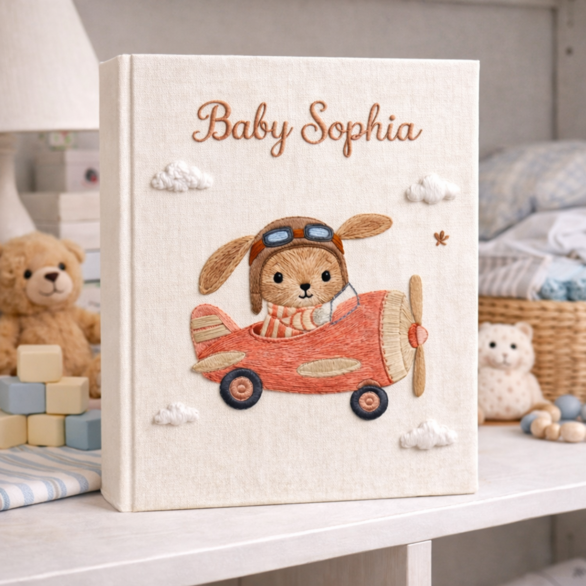 Personalized hand embroidered photo album featuring a bunny flying a purple airplane with heart-shaped balloons and fluffy clouds