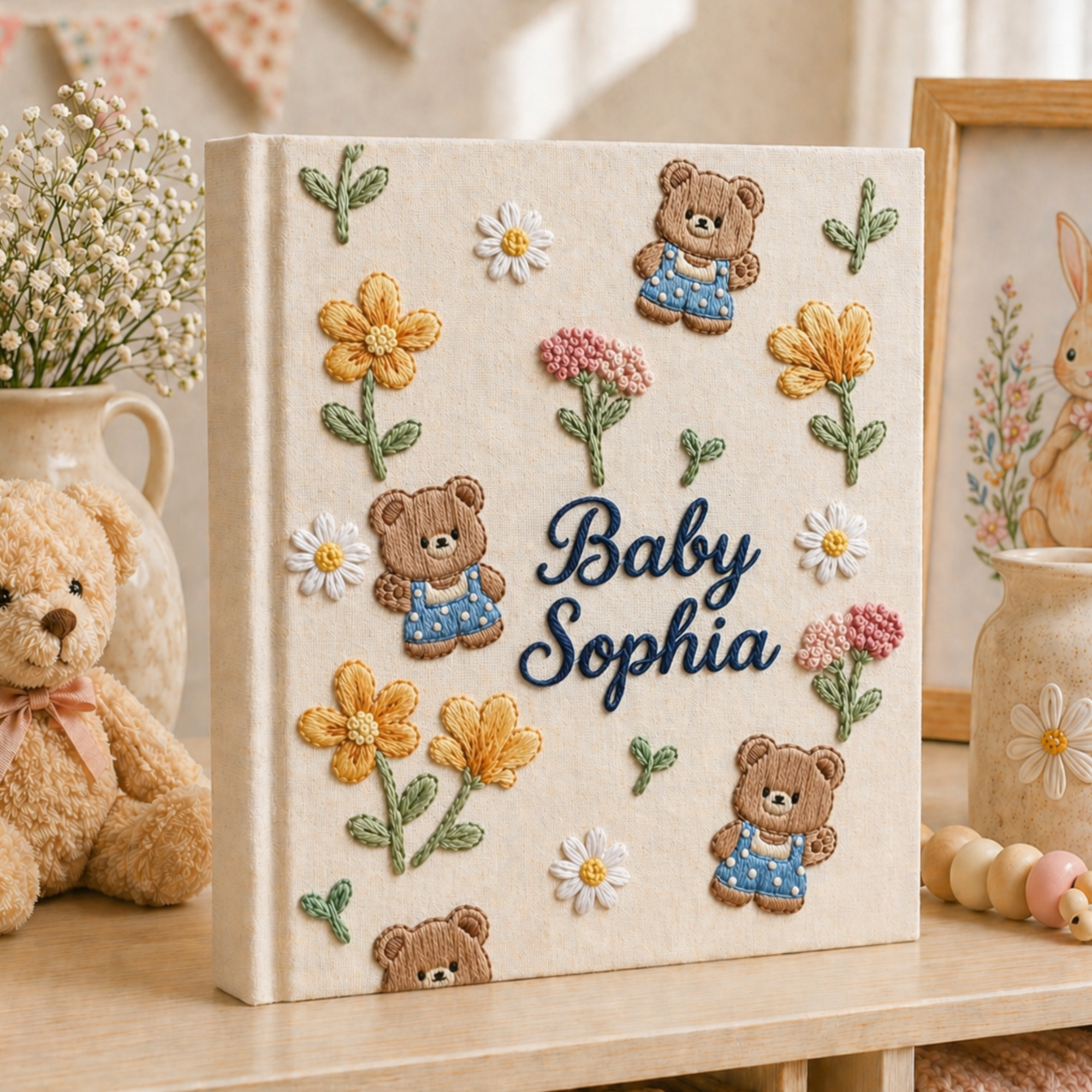 Personalized hand embroidered photo album featuring teddy bears, botanical flowers, leafy accents and custom baby name embroidery on a linen cover