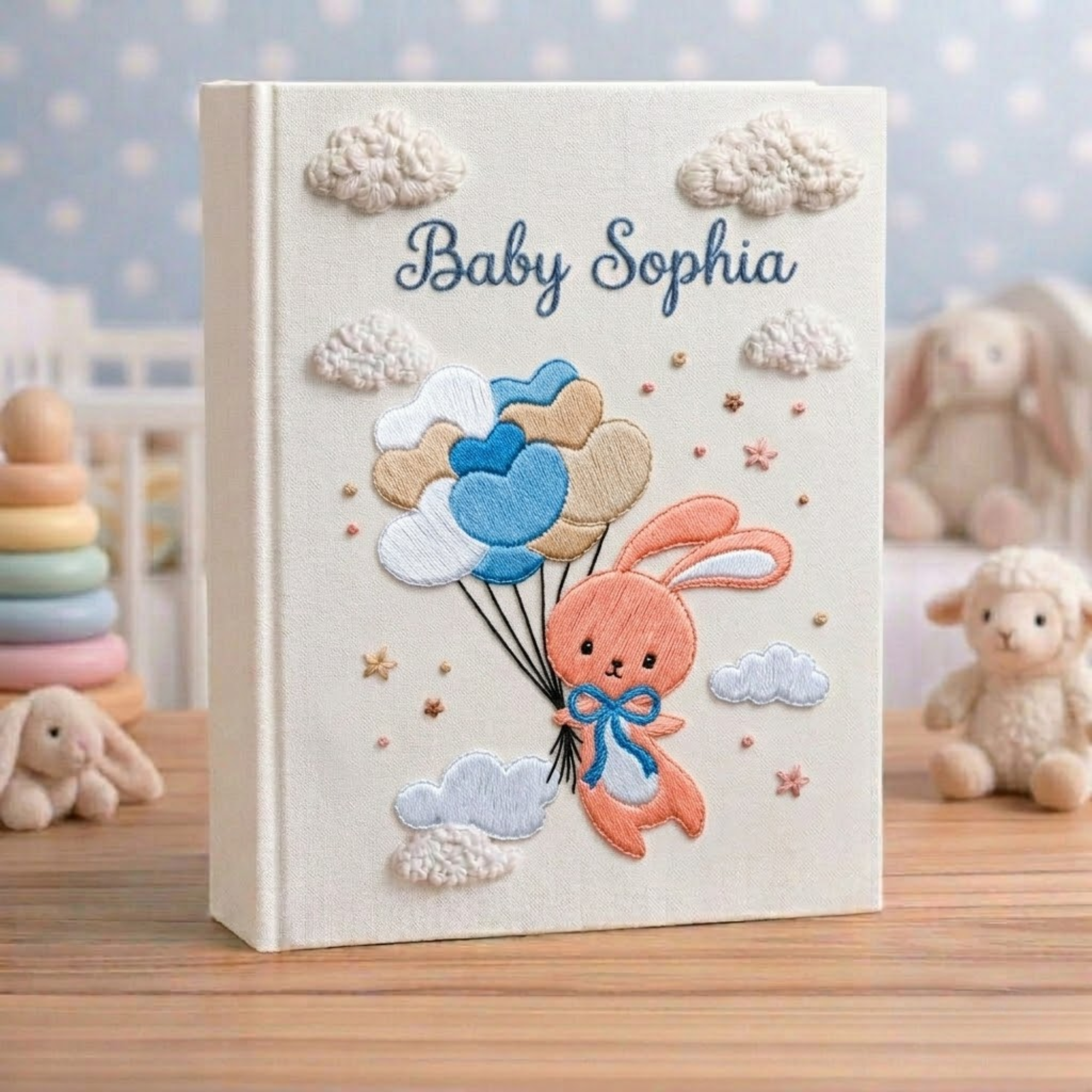 Personalized hand embroidered photo album featuring a bunny holding pastel heart balloons floating among fluffy clouds