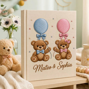 Personalized hand embroidered teddy bear photo album with pastel balloons custom baby keepsake memory book