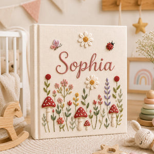 Personalized hand embroidered baby photo album with wildflowers mushrooms butterflies and ladybugs