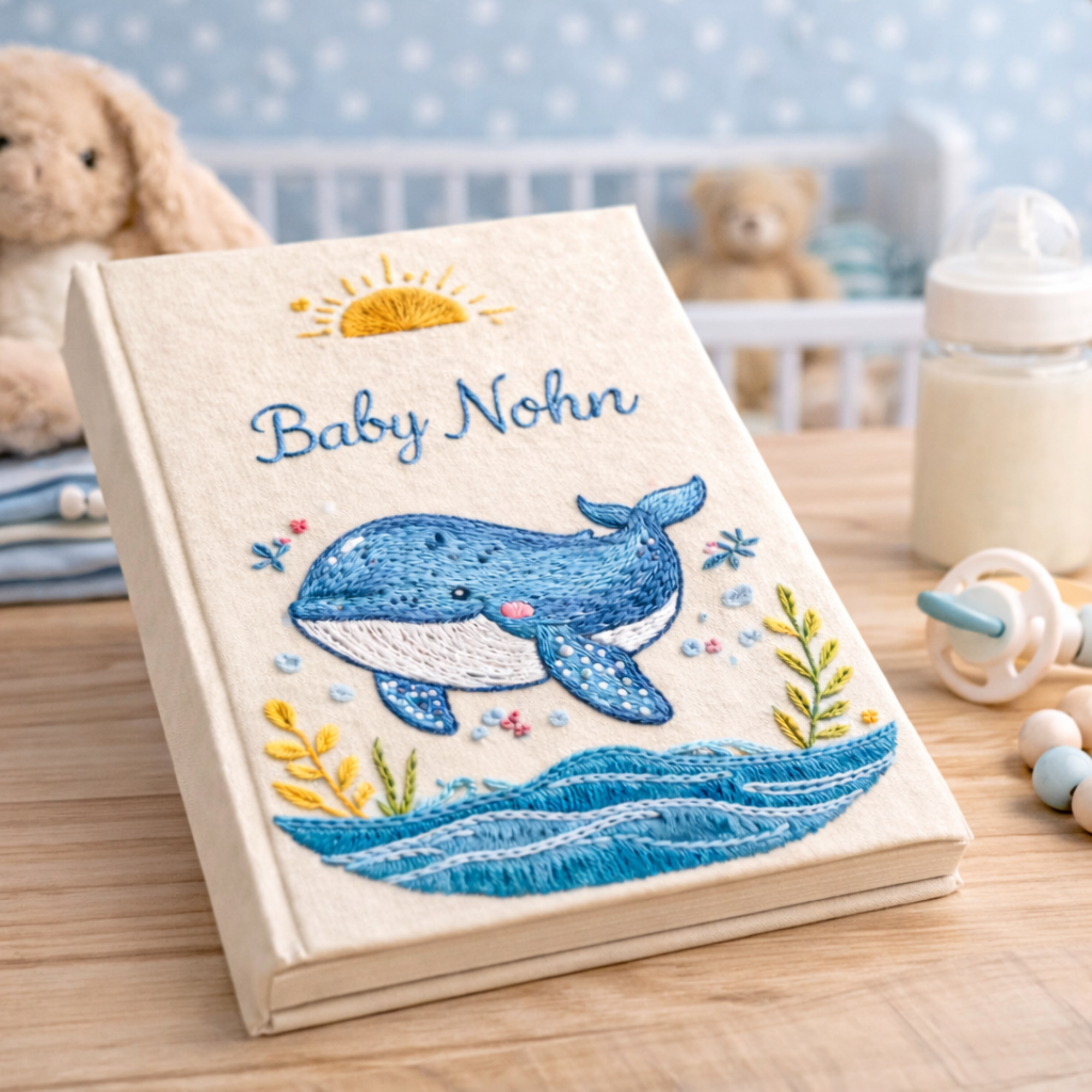 Personalized hand embroidered photo album featuring a smiling blue whale above ocean waves with sunrise details on a linen keepsake cover