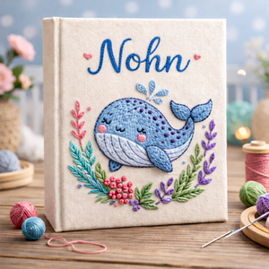 Personalized hand embroidered photo album featuring a cute blue whale surrounded by colorful ocean botanicals and underwater floral accents on a linen cover