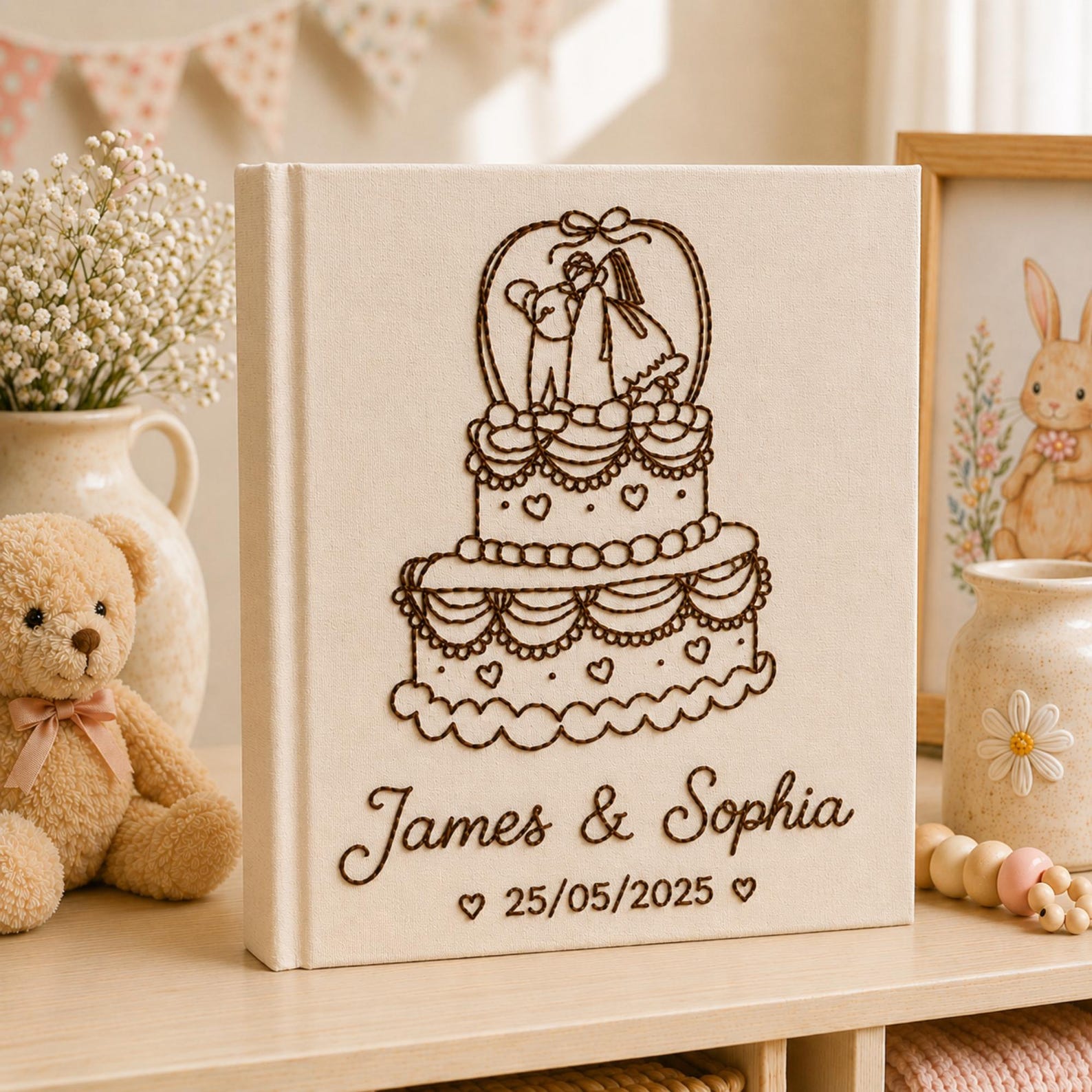 Personalized embroidered wedding photo album with tiered wedding cake embroidery, bride and groom silhouette design, custom couple names, wedding date, and elegant linen hardcover