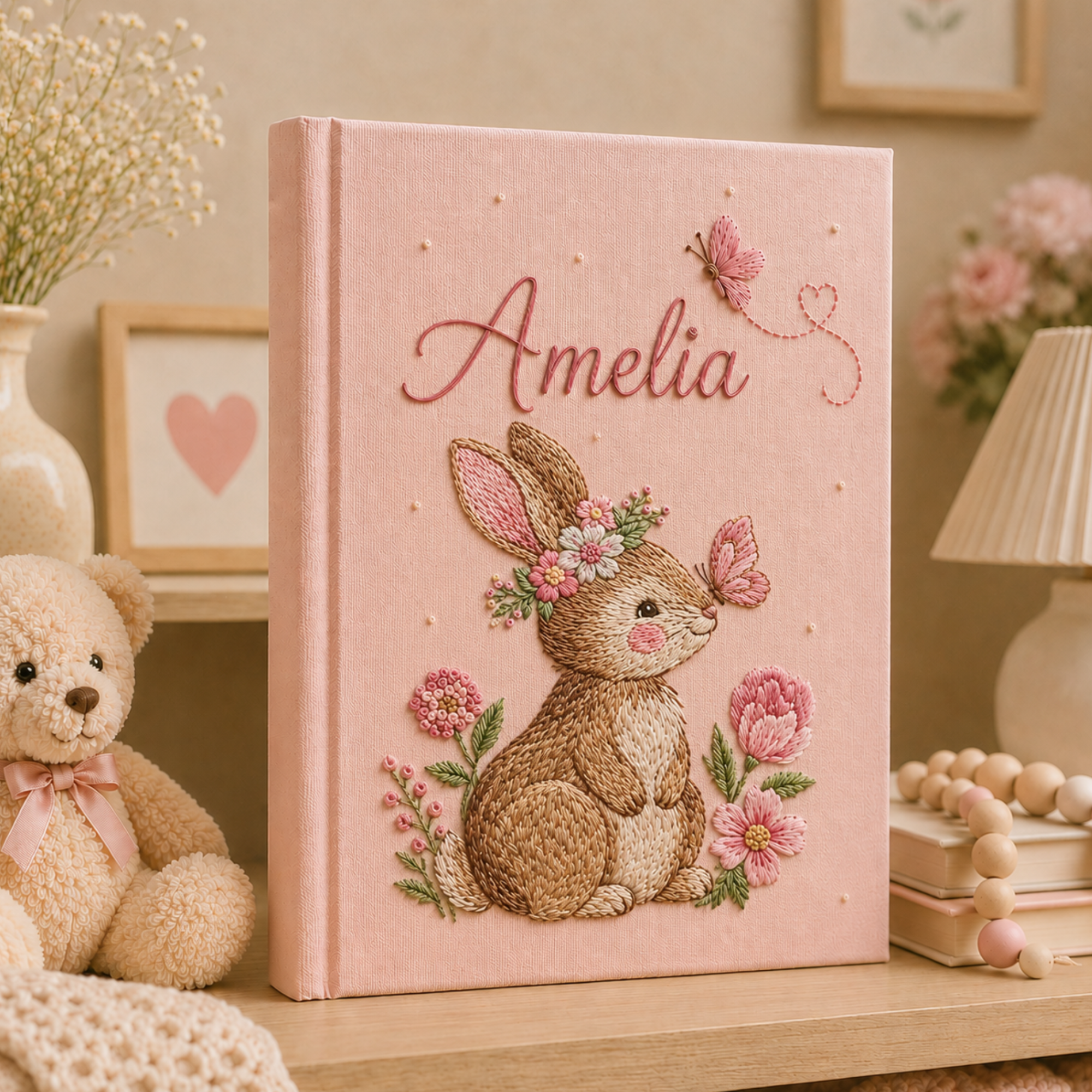 Personalized hand embroidered photo album with floral bunny design, custom baby girl memory keepsake gift