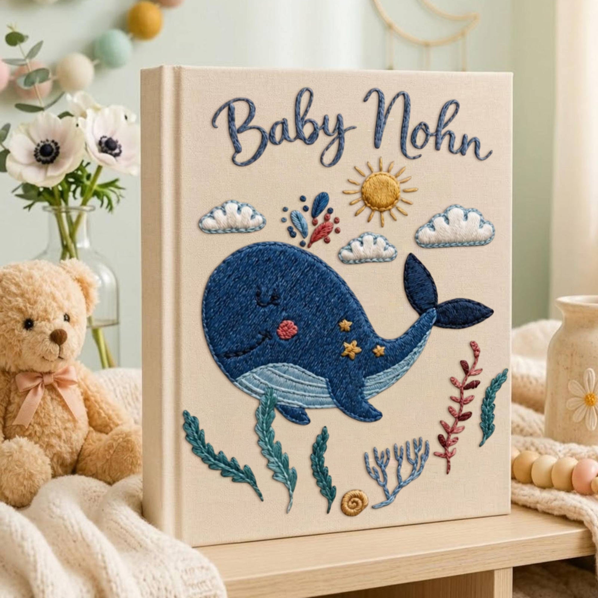 Personalized embroidered baby photo album with smiling whale, ocean plants, clouds, sunshine, and custom name embroidery