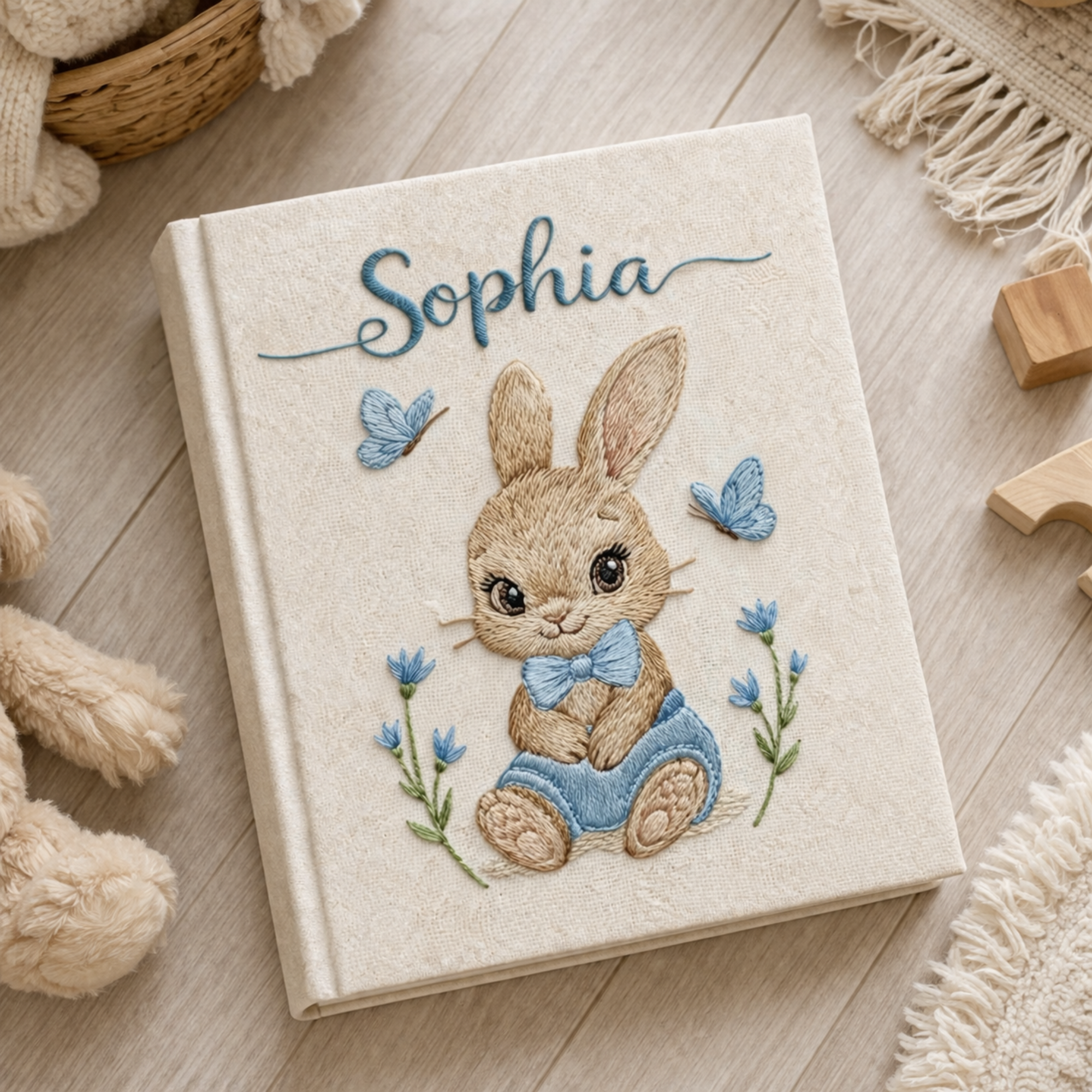 Personalized hand embroidered photo album featuring a cute bunny wearing blue overalls and a bow tie surrounded by blue butterflies and flowers on a linen cover