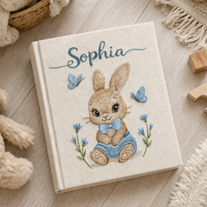 Personalized hand embroidered photo album featuring a cute bunny wearing blue overalls and a bow tie surrounded by blue butterflies and flowers on a linen cover