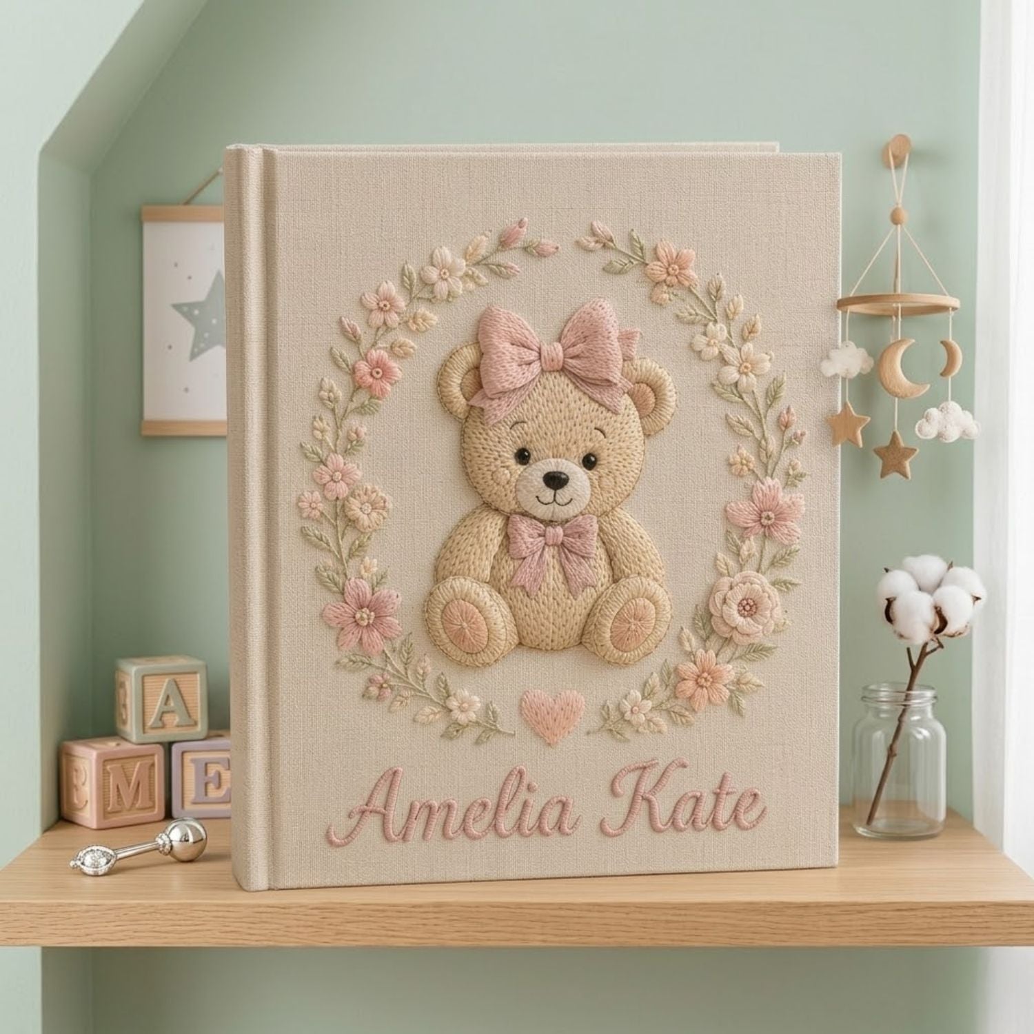 Personalized hand embroidered photo album featuring a classic teddy bear with pink bows and delicate floral embroidery on a linen cover