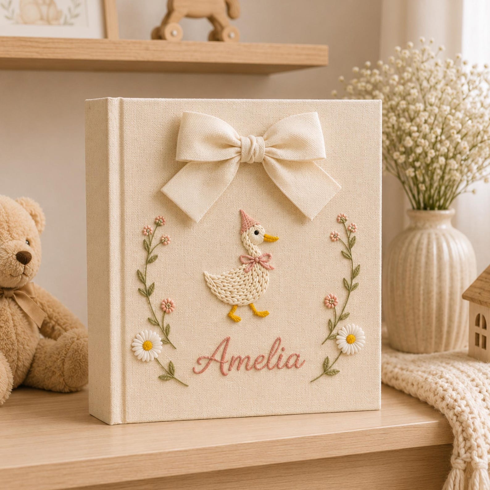 Personalized yellow hand embroidered baby photo album with cute duckling, floral wreath, and ribbon bow