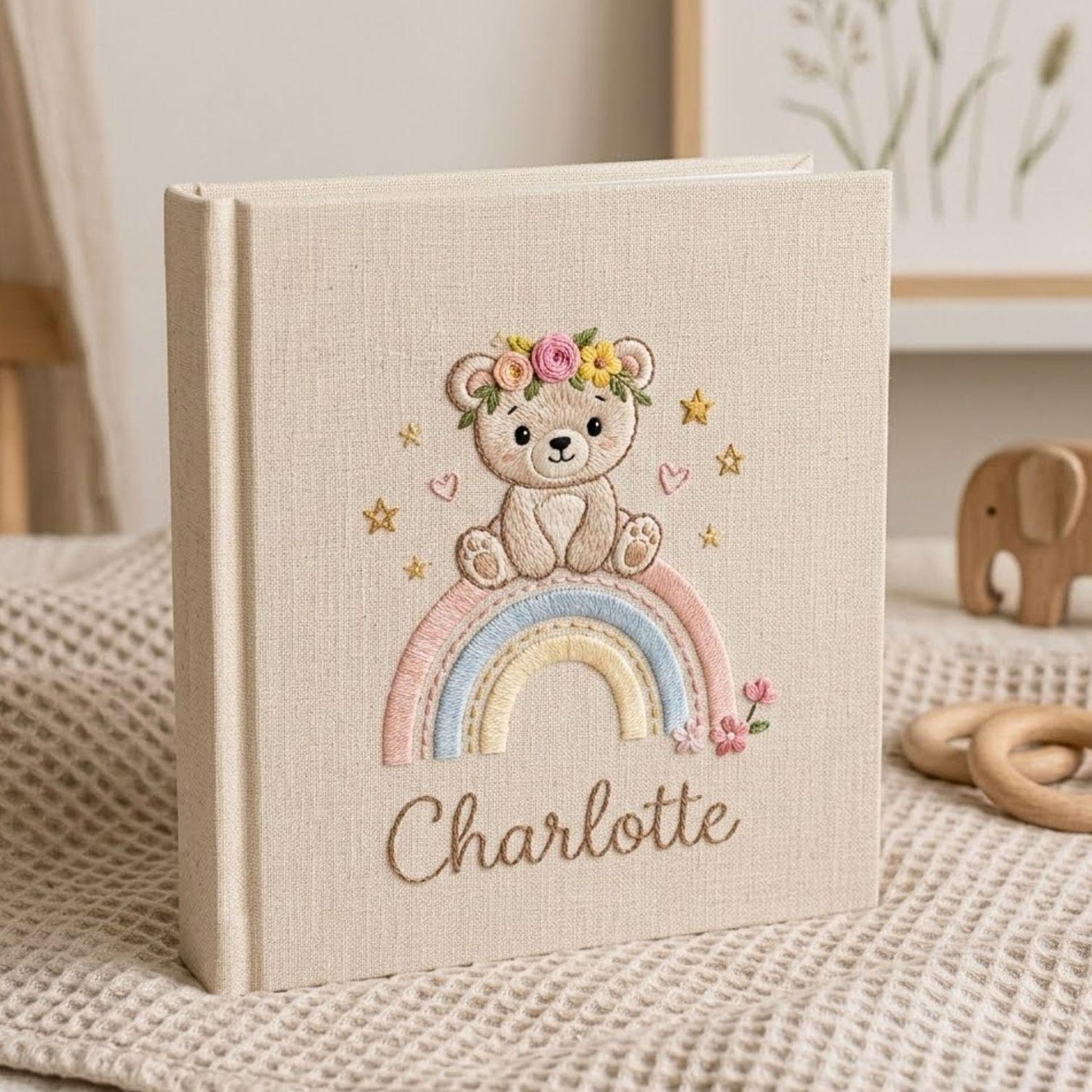 Personalized rainbow teddy bear embroidered baby photo album with pastel rainbow and custom name on linen cover
