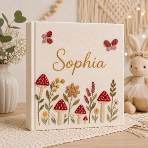 Personalized mushroom garden hand embroidered baby photo album with flowers and butterflies