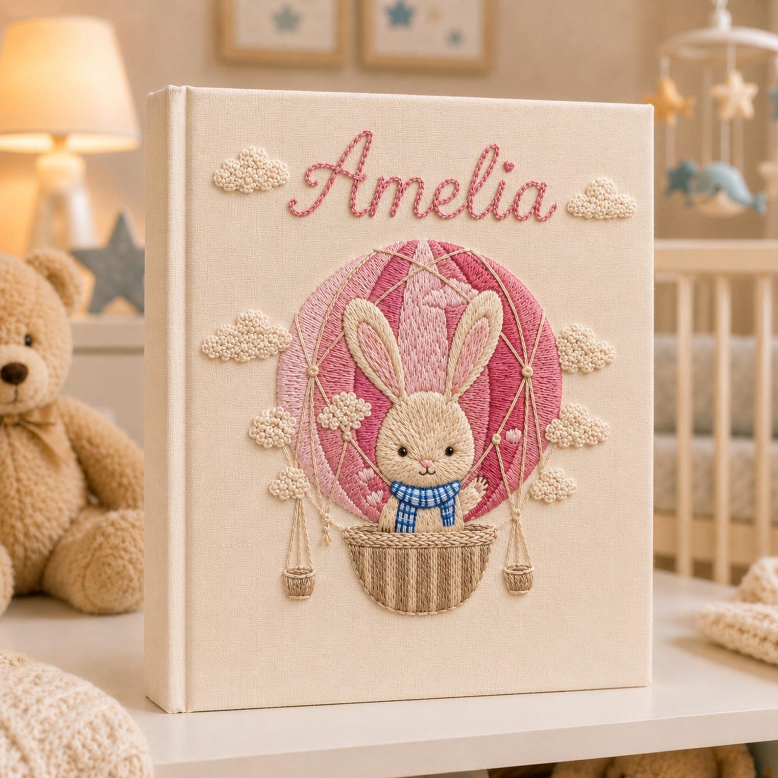 Personalized hand embroidered baby photo album with bunny in pink hot air balloon and clou