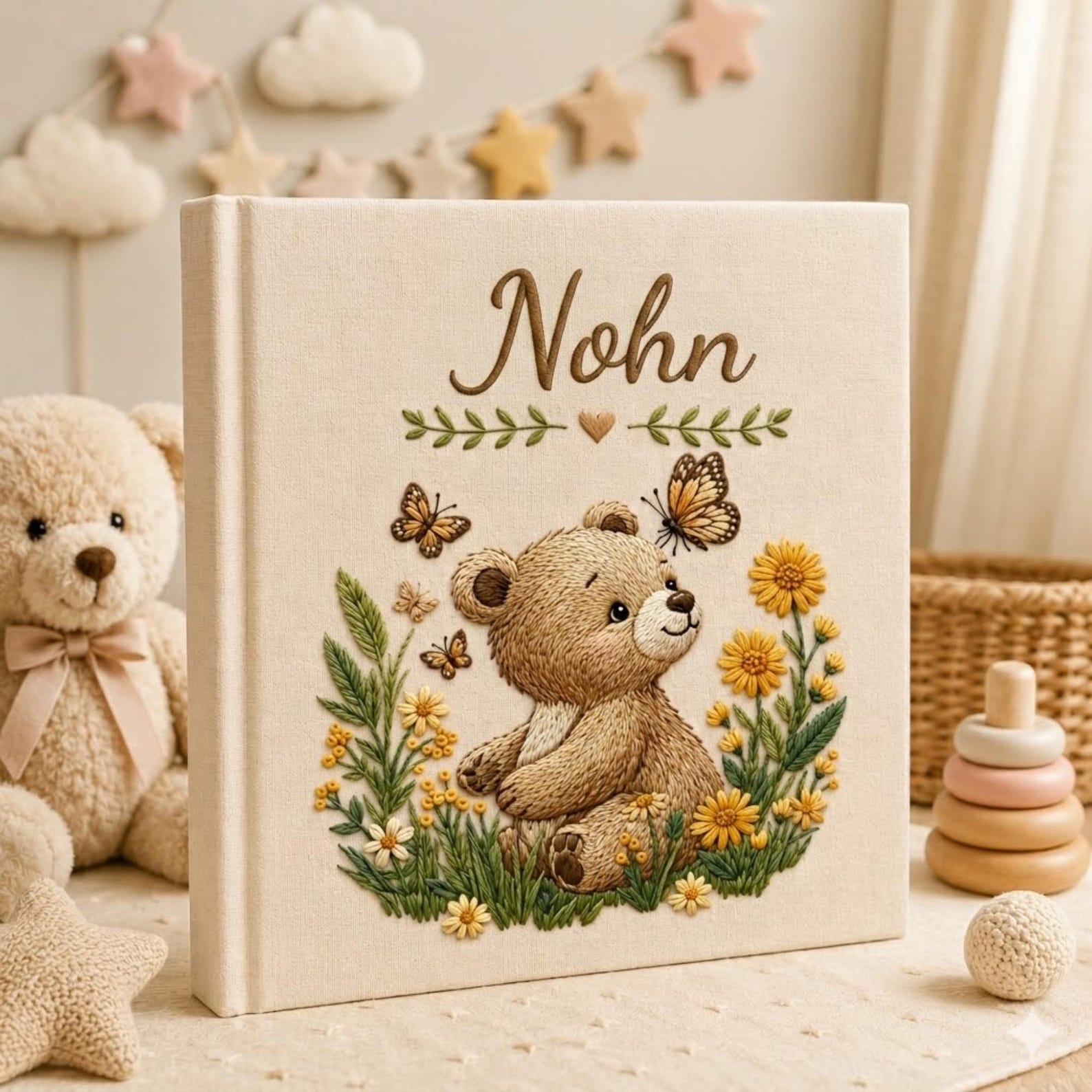 Personalized embroidered baby photo album with teddy bear yellow flowers butterflies and woodland garden design