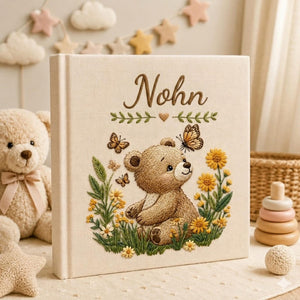 Personalized embroidered baby photo album with teddy bear yellow flowers butterflies and woodland garden design