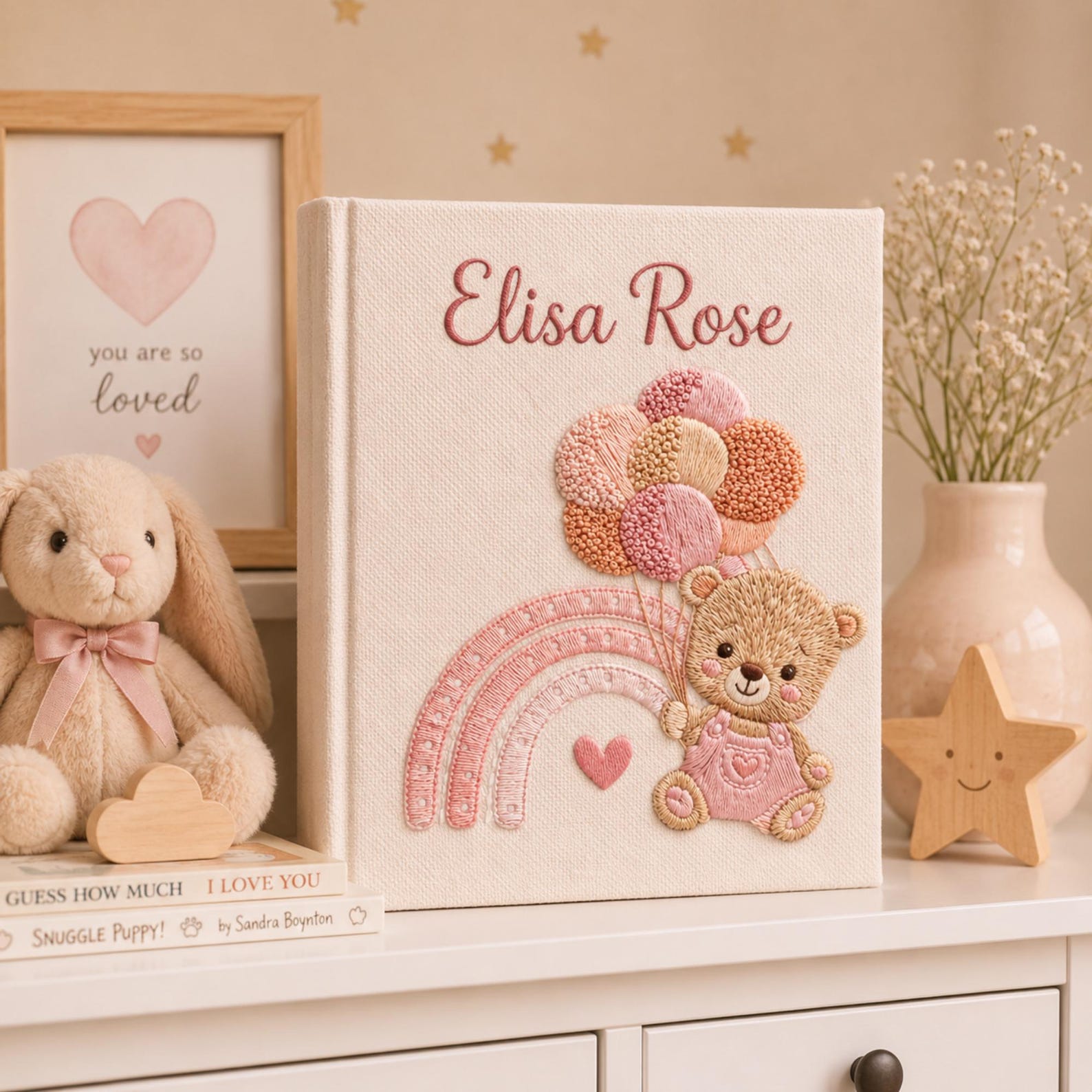 Personalized teddy bear hand embroidered photo album with pastel rainbow and balloon nursery design