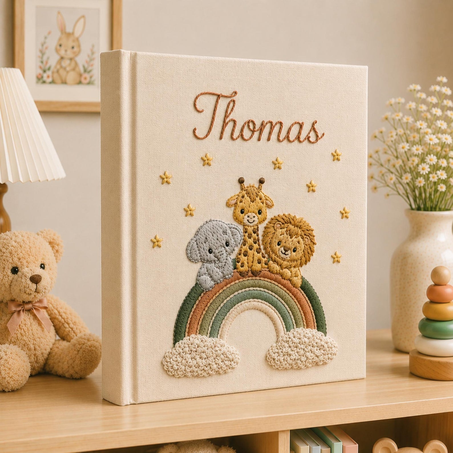 Personalized hand embroidered baby photo album with safari animals sitting on rainbow