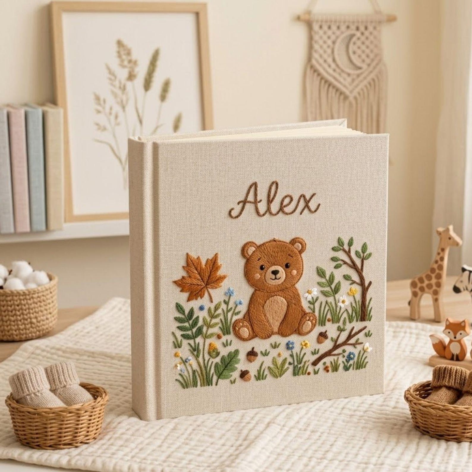 Personalized woodland teddy bear hand embroidered baby photo album with floral forest design on linen cover