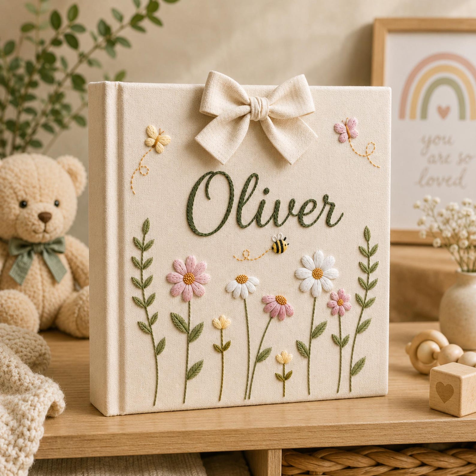 Personalized floral hand embroidered baby photo album with butterflies flowers and fabric bow