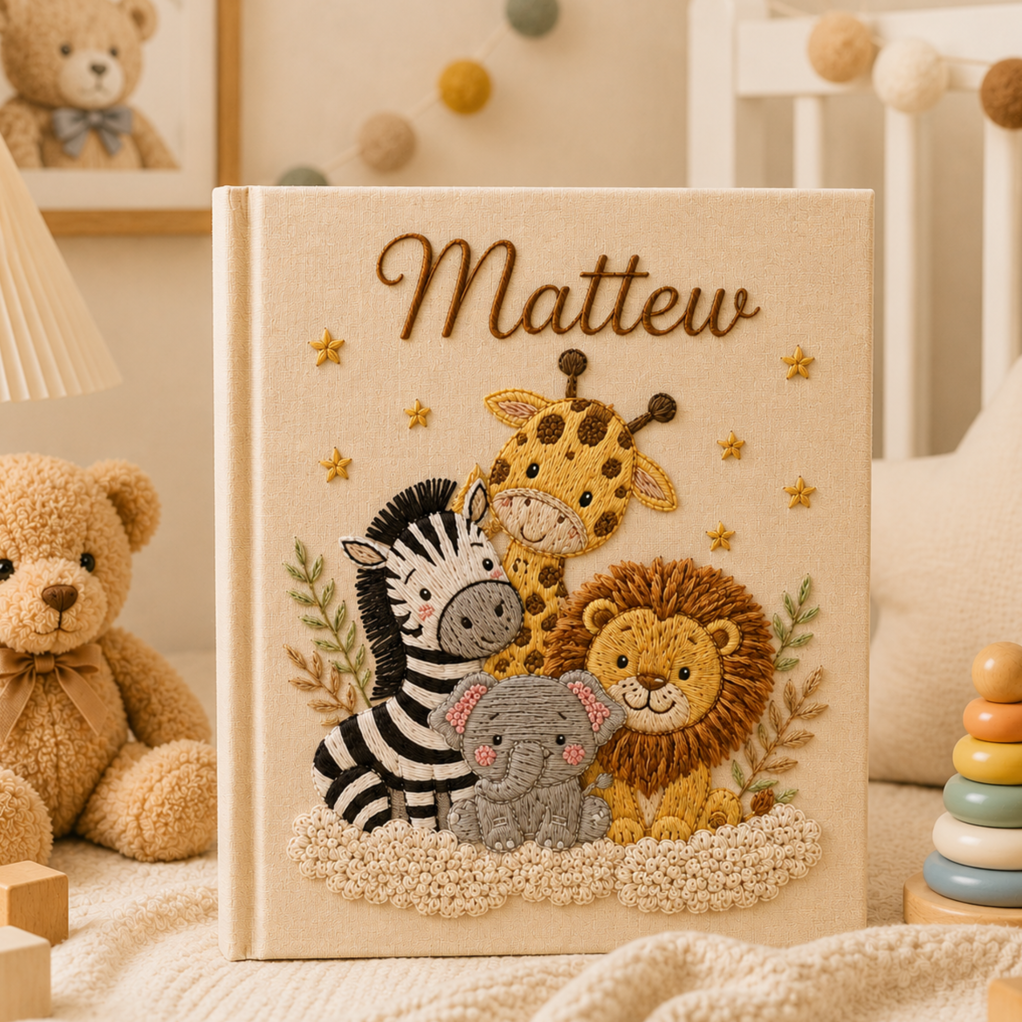 Personalized hand embroidered photo album featuring safari animals including giraffe, elephant, zebra, lion, and bear on a linen cover