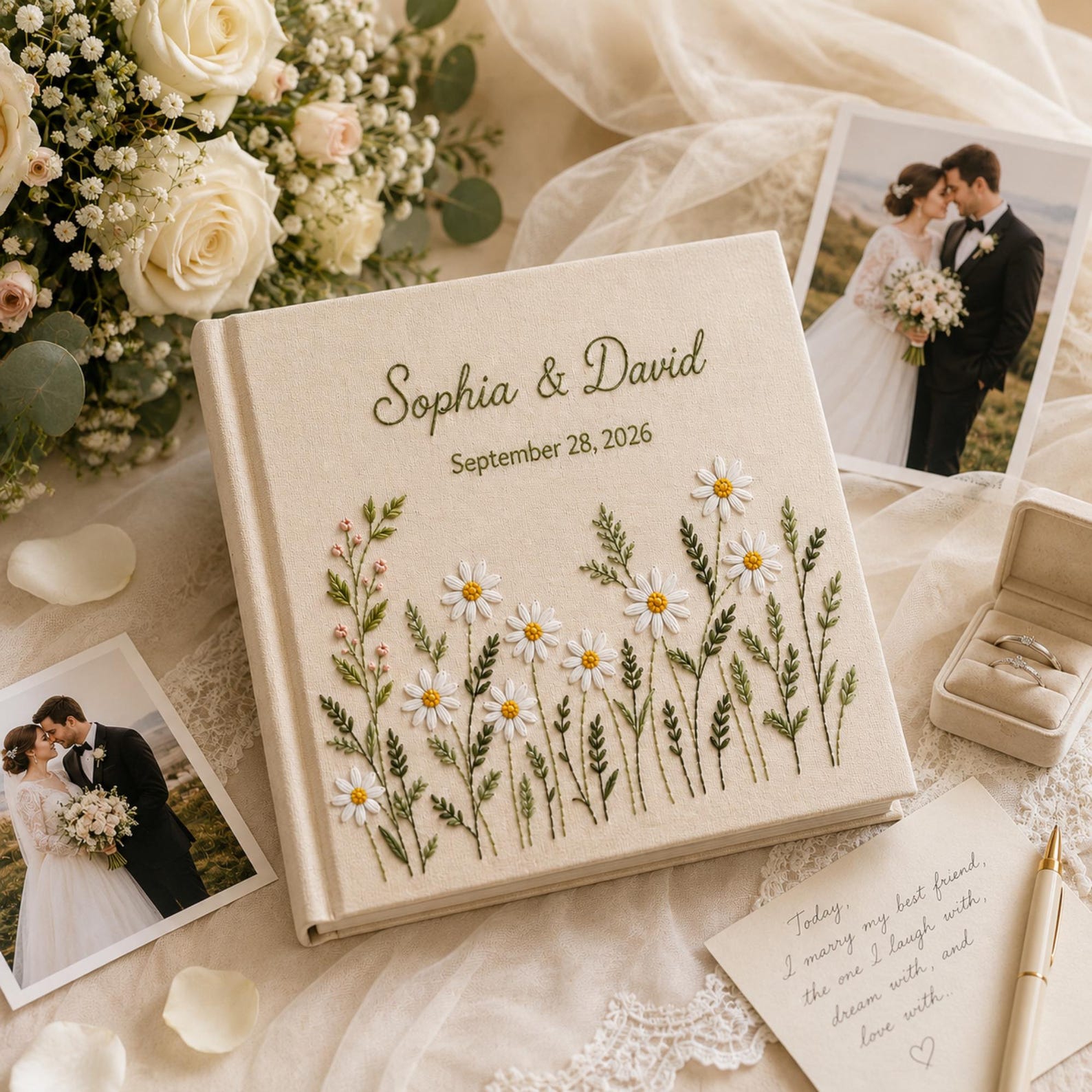Personalized embroidered wedding photo album with white daisy flowers, botanical greenery embroidery, custom couple names, wedding date, and elegant linen hardcover design