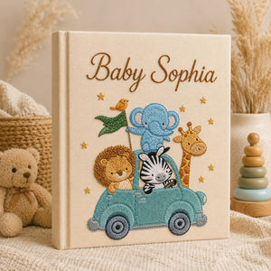 Personalized safari animals hand embroidered photo album with elephant lion zebra giraffe and vintage car design